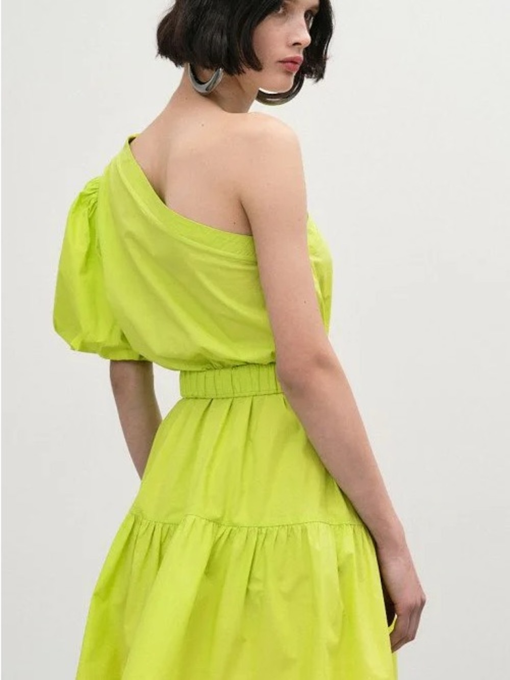 One-Shoulder Lime Green Tie-Waist Mini Dress